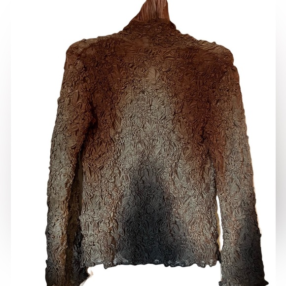 Tan Brown Black Blouse Ombre Style High Collar by Lezley George London M-L - Picture 2 of 7